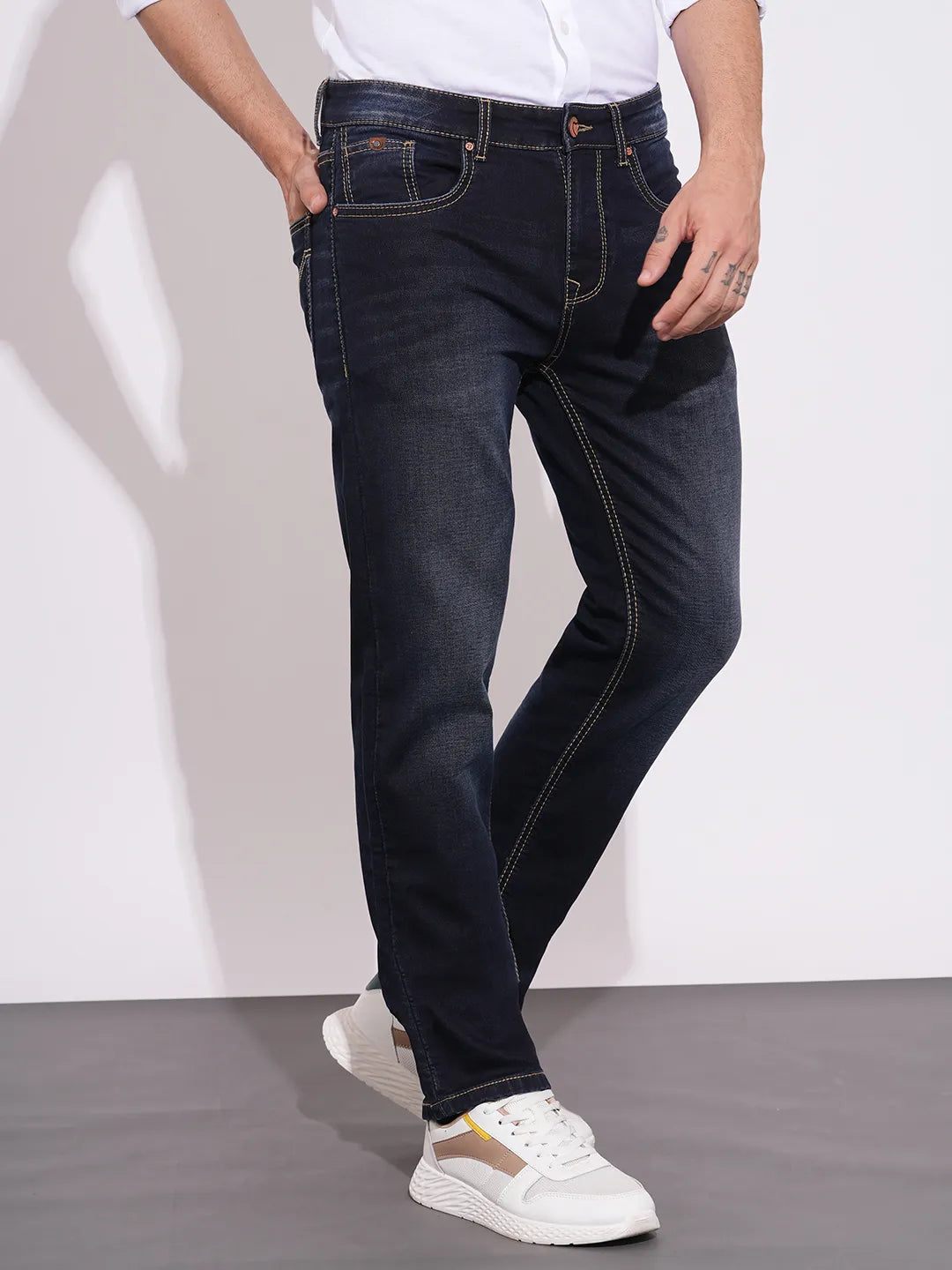 Being Human Men's Navy Straight Fit Mid-Wash Jeans