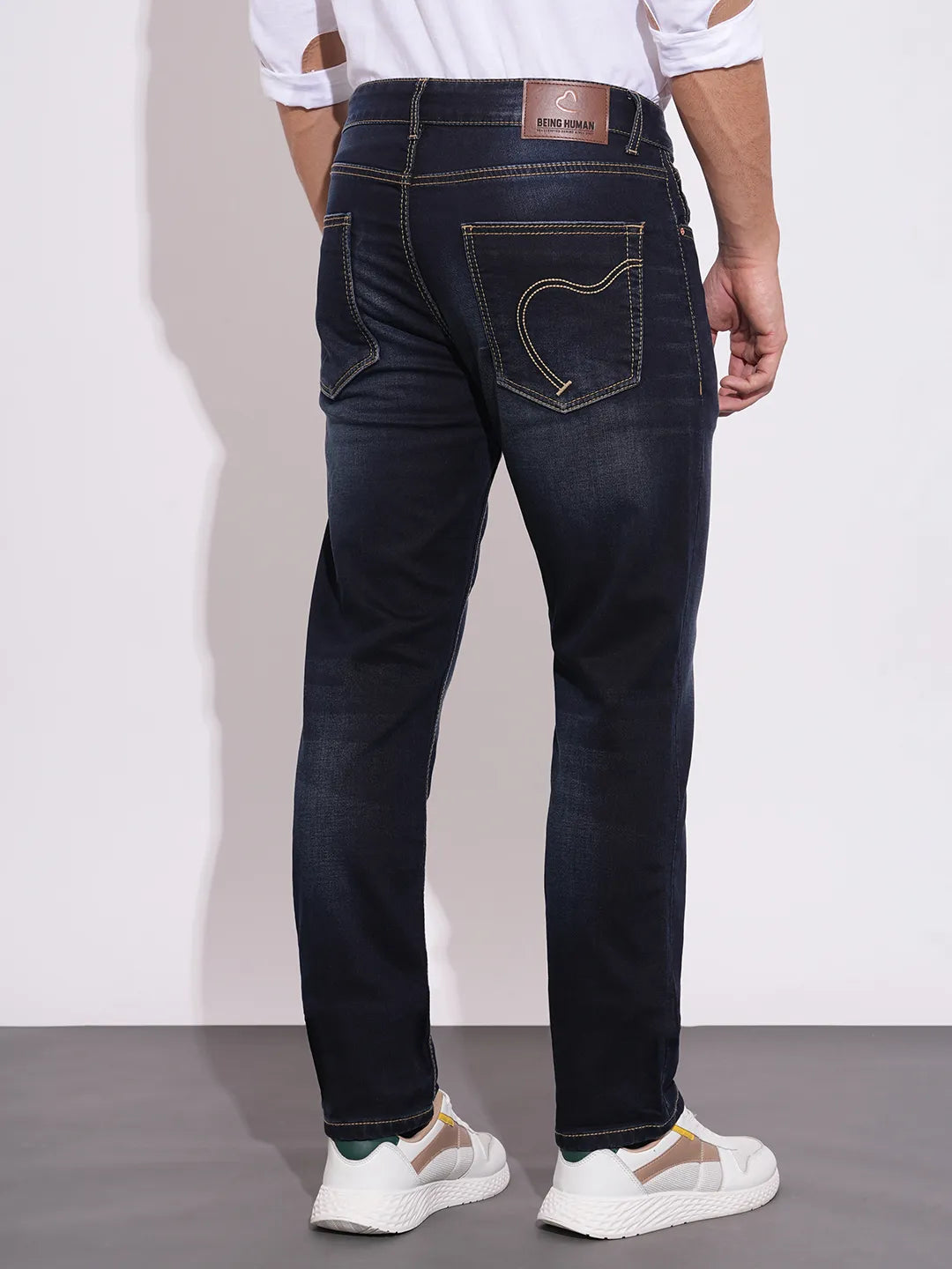 Being Human Men's Navy Straight Fit Mid-Wash Jeans