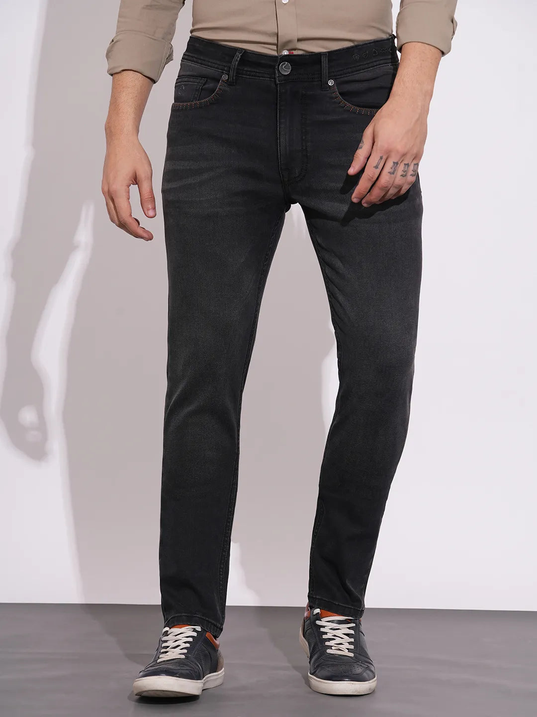 Grey Straight Fit Cotton Blend Men's Denims by Being Human Clothing