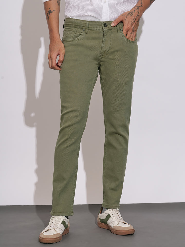 Olive Cropped Fit Cotton Blend Men's Denims
