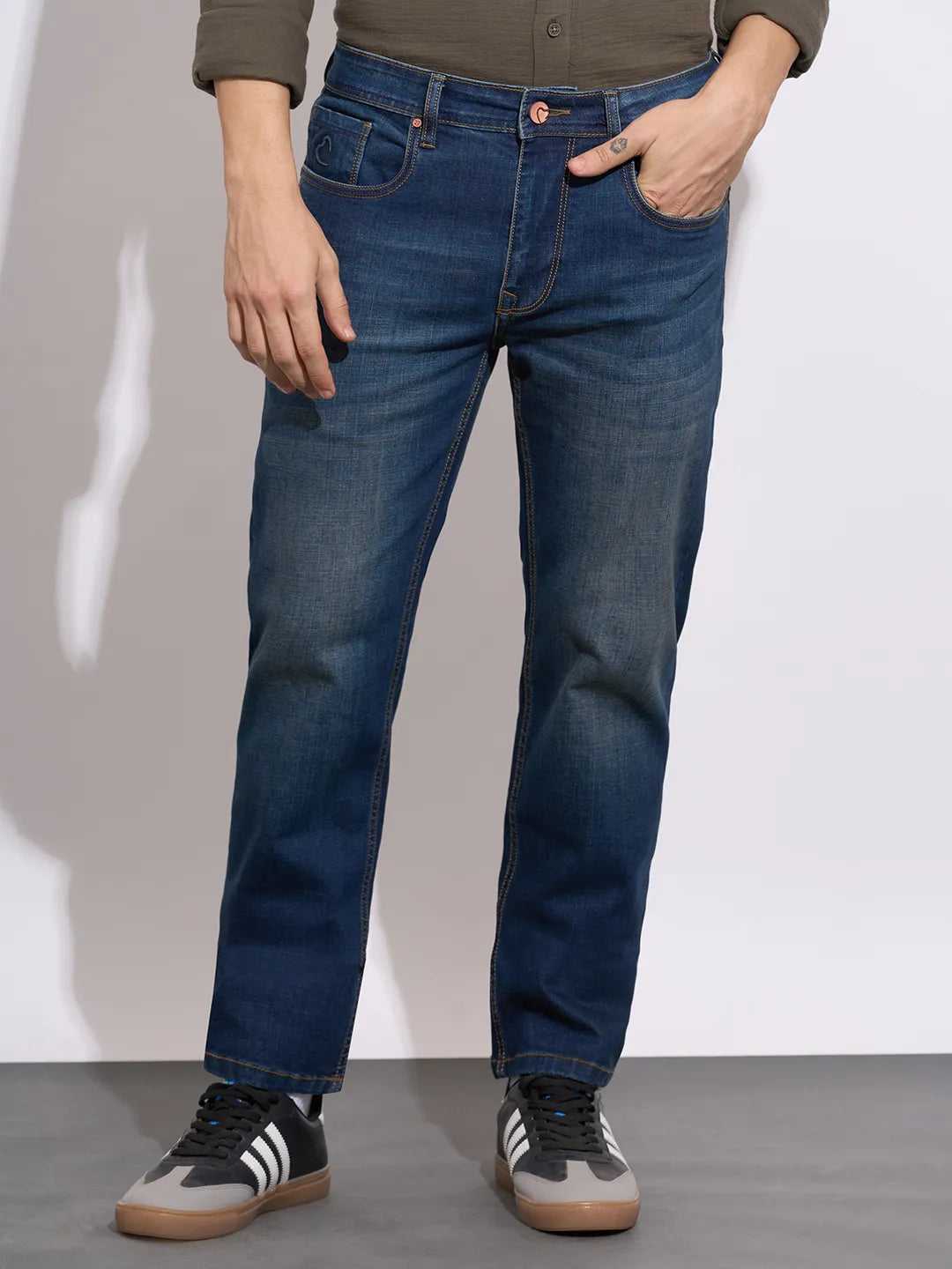 Men's Dark Blue Mid-Rise Straight Fit Jeans by Being Human Clothing