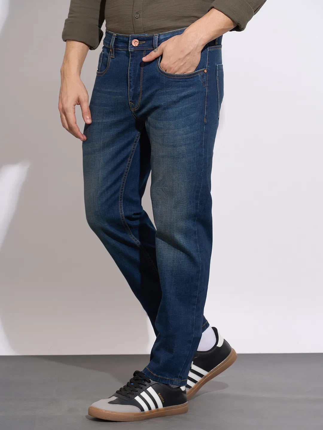 Men's Dark Blue Mid-Rise Straight Fit Jeans by Being Human Clothing