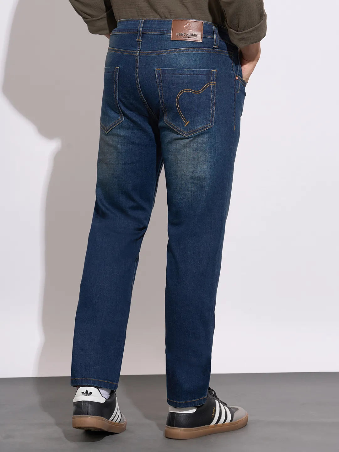 Men's Dark Blue Mid-Rise Straight Fit Jeans by Being Human Clothing