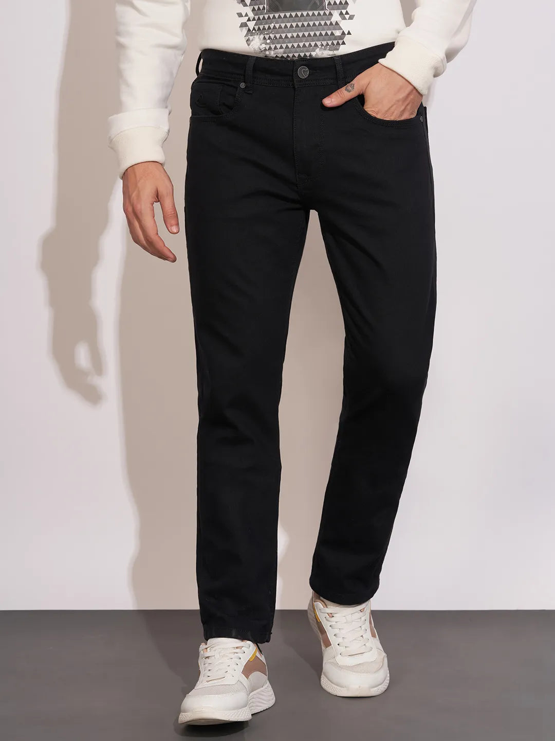 Black Straight Fit Denims For Men By Being Human Clothing
