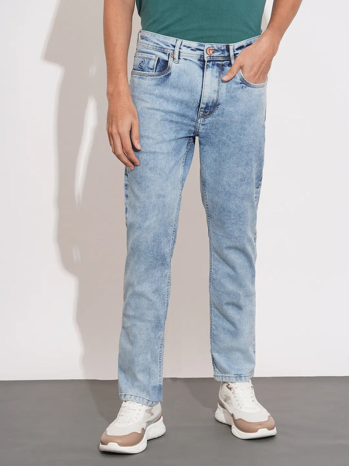 Light Blue Straight Fit Denims For Men By Being Human Clothing