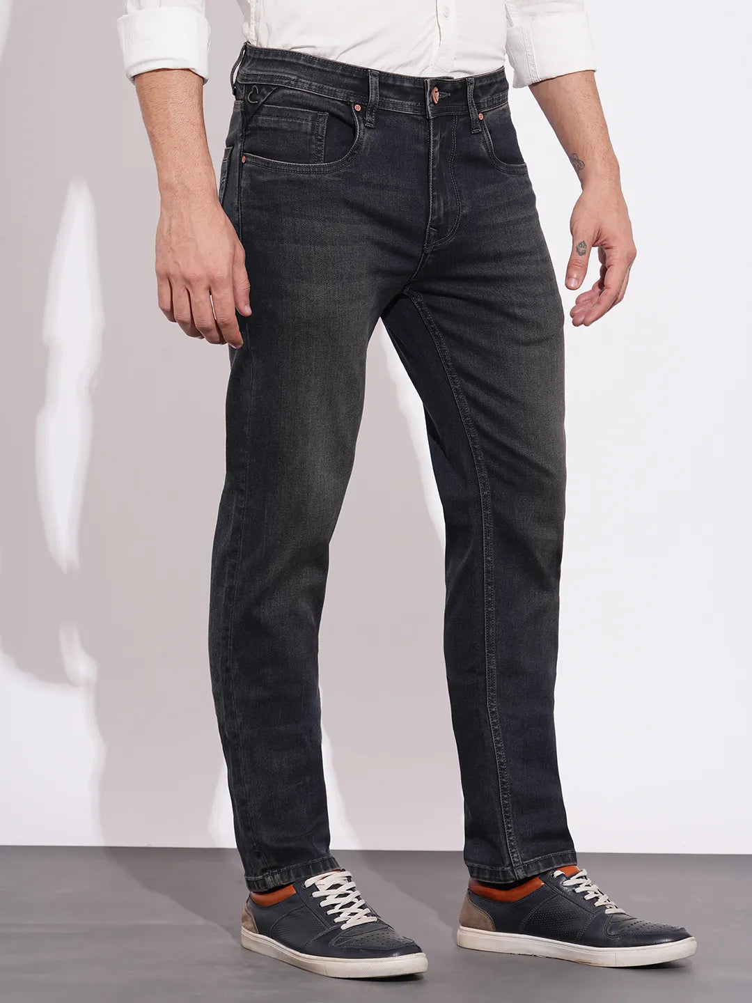 Men's Grey Straight Fit Mid-Wash Jeans by Being Human Clothing