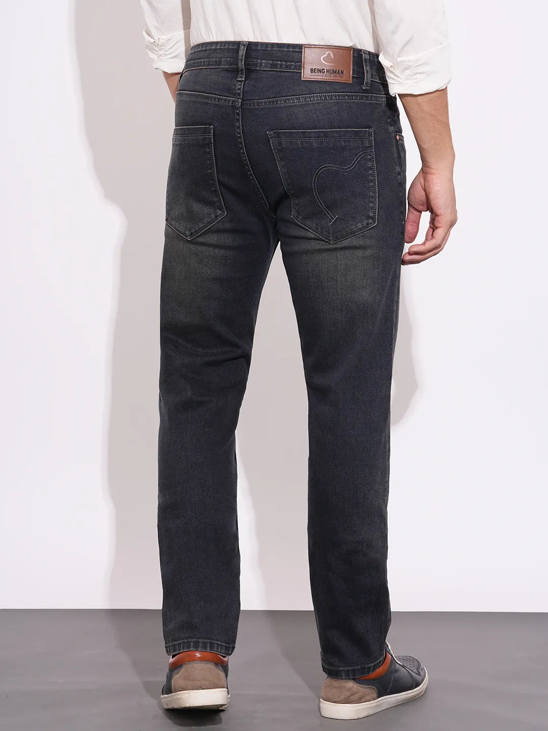 Men's Grey Straight Fit Mid-Wash Jeans by Being Human Clothing