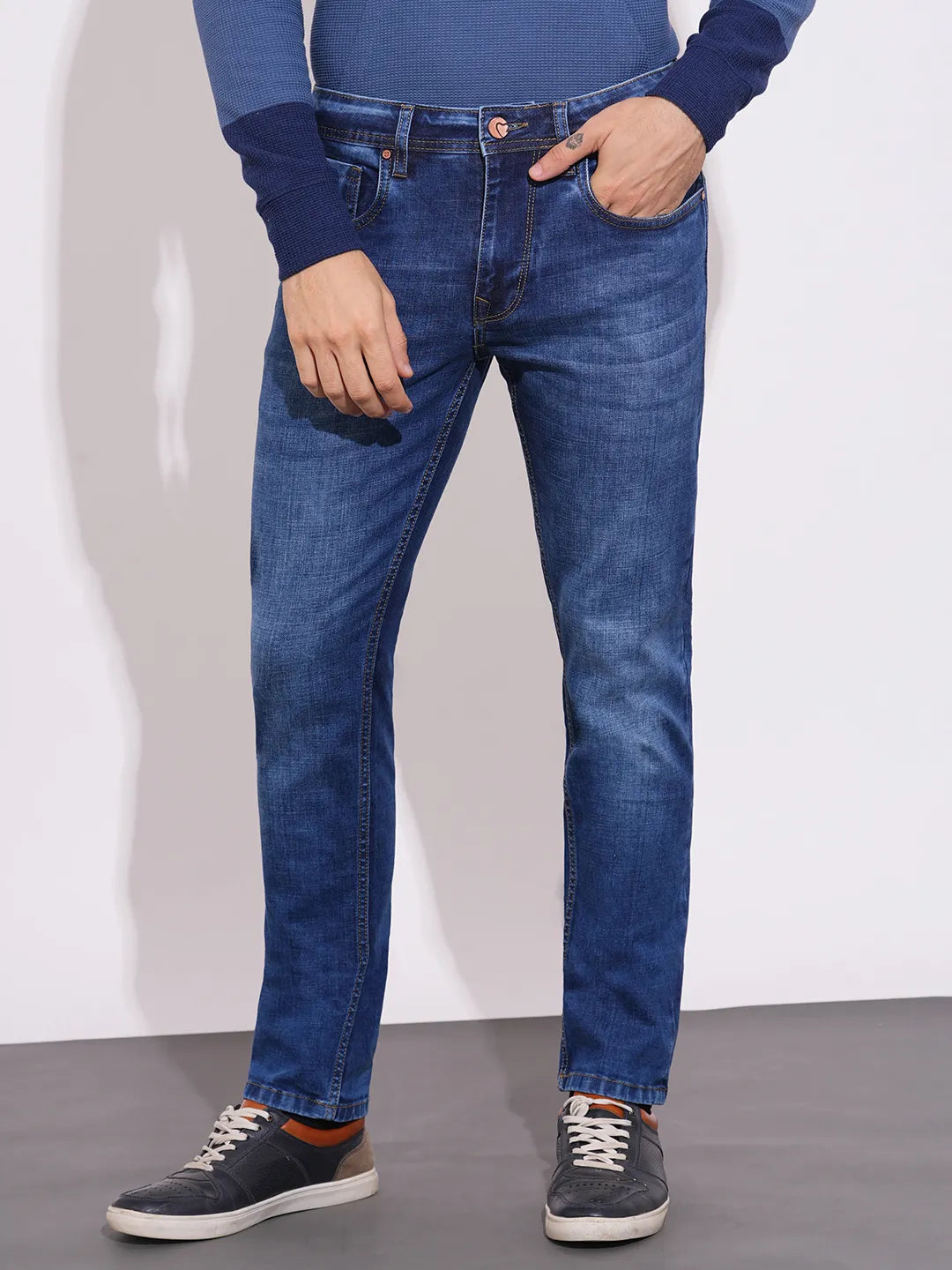 Men's Blue Mid-Rise Cropped Fit Skinny Jeans by Being Human Clothing