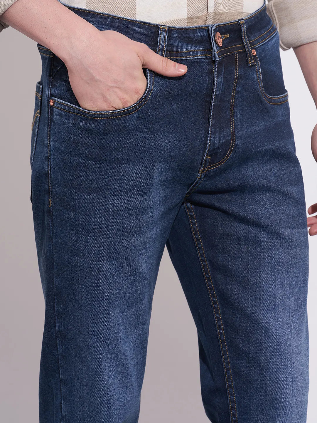 Men's Dark Blue Mid-Rise Straight Fit Jeans by Being Human Clothing