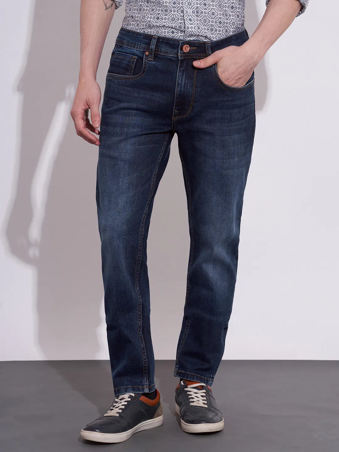 Men's Dark Blue Cropped Fit Mid-Wash Jeans by Being Human Clothing