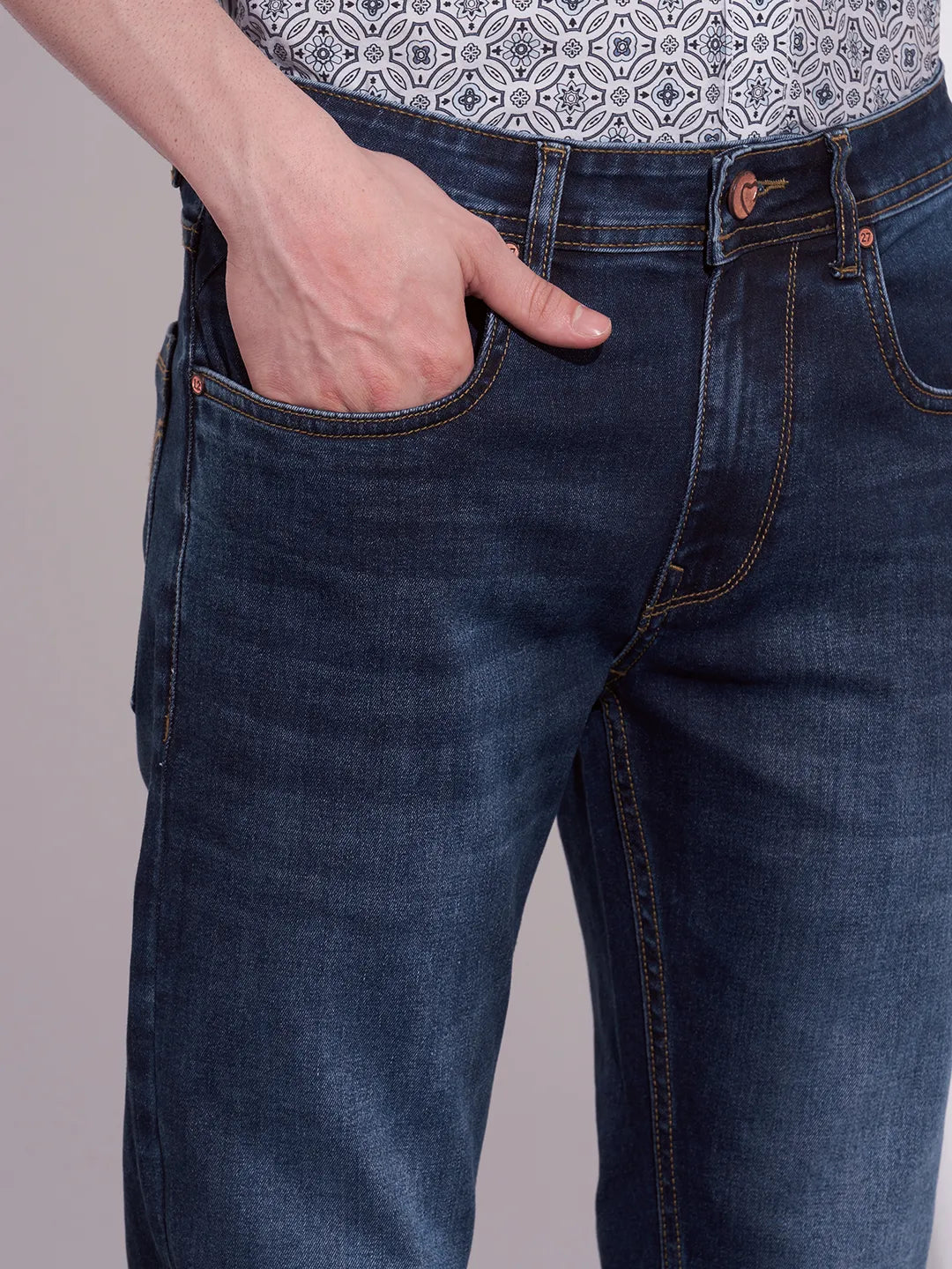 Men's Dark Blue Cropped Fit Mid-Wash Jeans by Being Human Clothing