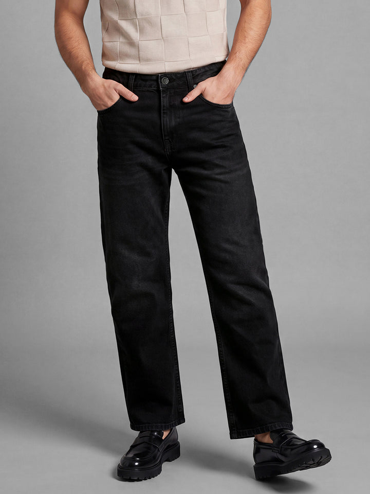 Black Straight Fit Pure Cotton Mid Rise Men's Denims by Being Human Clothing