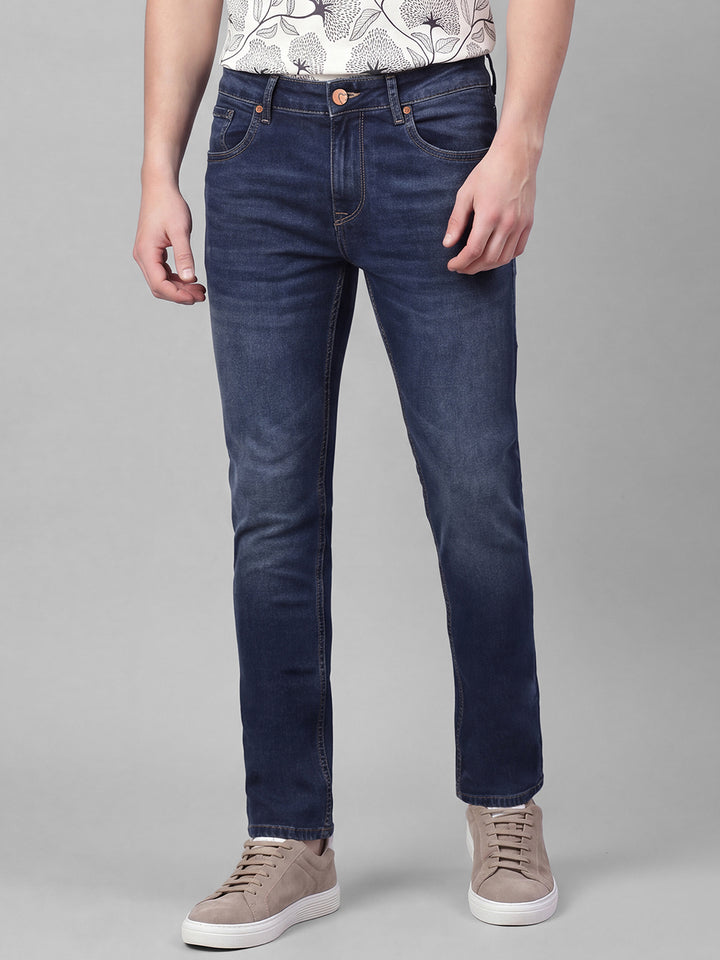 Dark Blue Slim Fit  Cotton Blend Mid Rise Men's Denims by Being Human Clothing