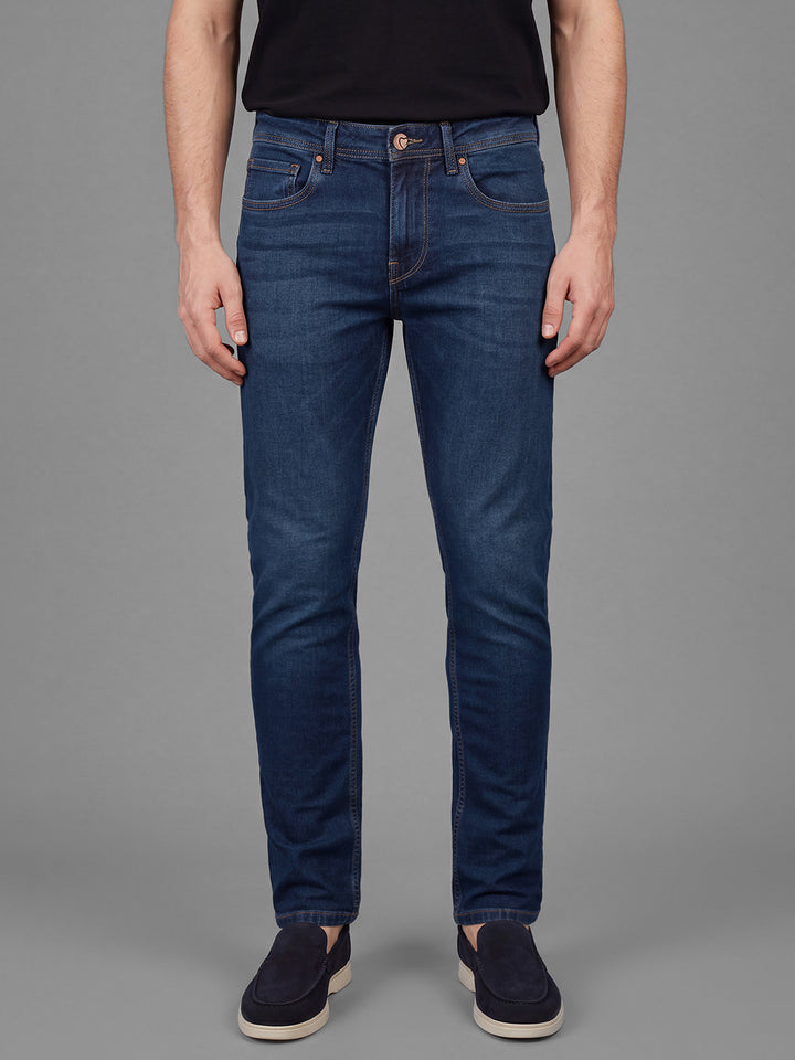 Dark Blue Slim Fit  Cotton Blend Mid Rise Men's Denims by Being Human Clothing