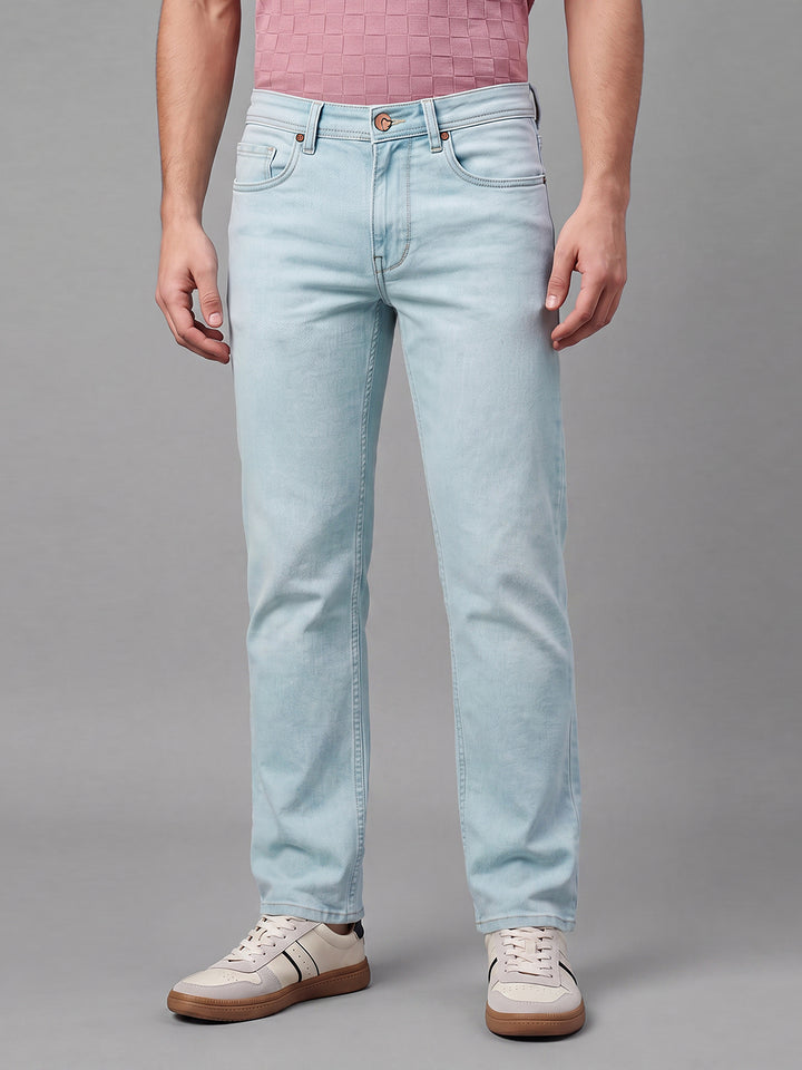 Ice Blue Straight Fit Cotton Blend Mid Rise Men's Denims by Being Human Clothing