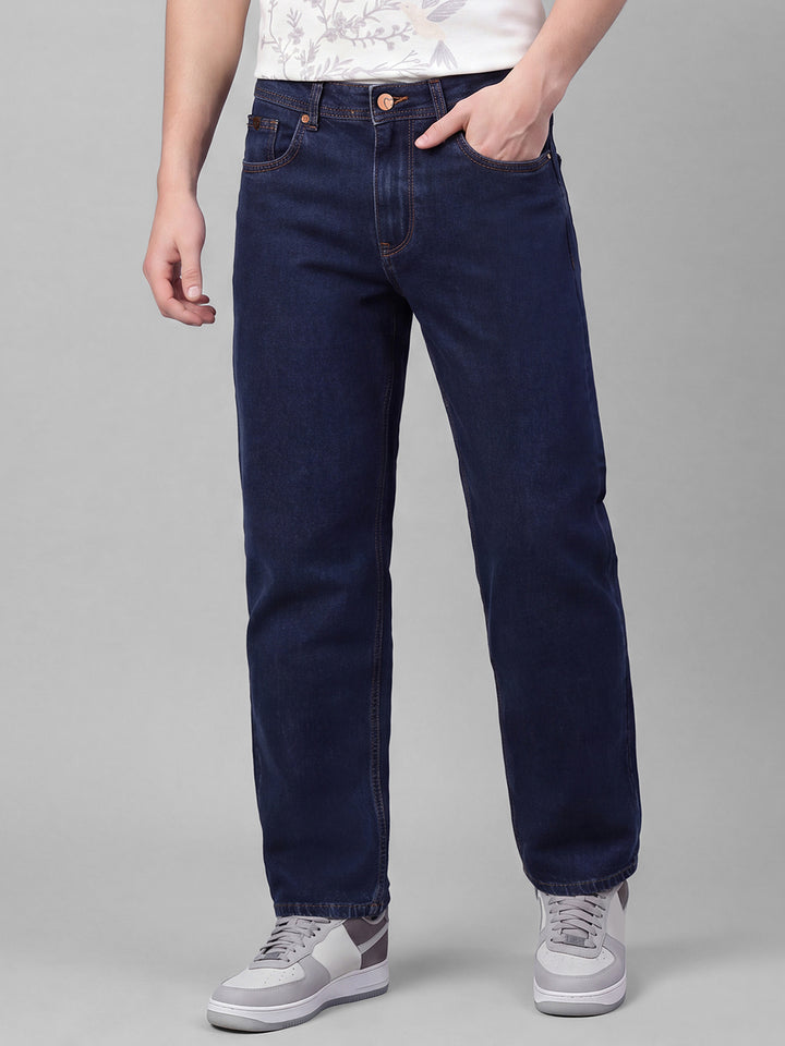 Dark Blue Straight Fit Cotton Blend Mid Rise Men's Denims by Being Human Clothing