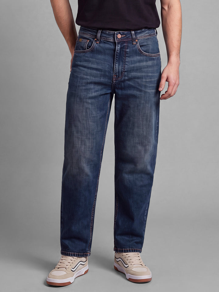 Navy Barrel Fit Cotton Blend Mid Rise Men's Denims by Being Human Clothing