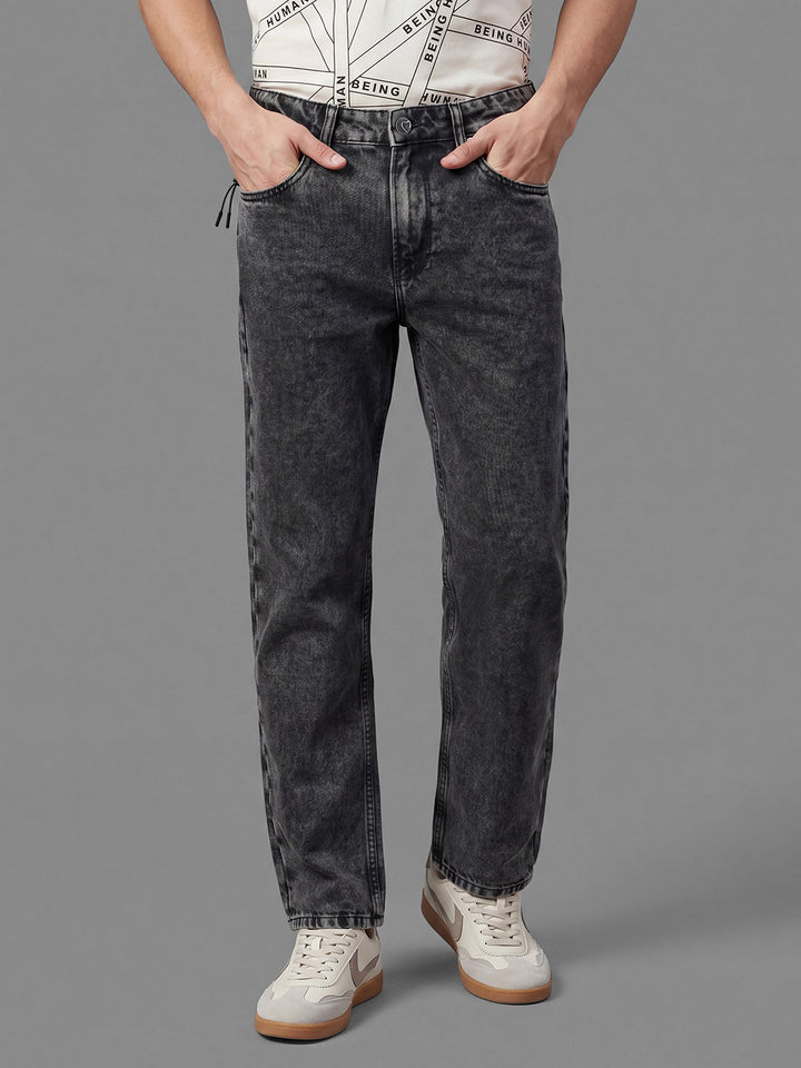 Black Relaxed Straight Fit Pure Cotton Mid Rise Men's Denims by Being Human Clothing