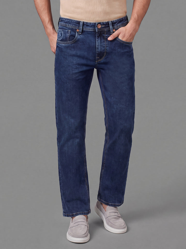 Dark Blue Straight Fit Cotton Blend Mid Rise Men's Denims by Being Human Clothing