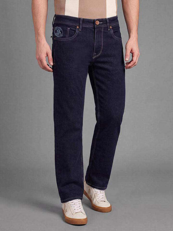 Dark Blue Straight Fit Cotton Blend Mid Rise Men's Denims by Being Human Clothing