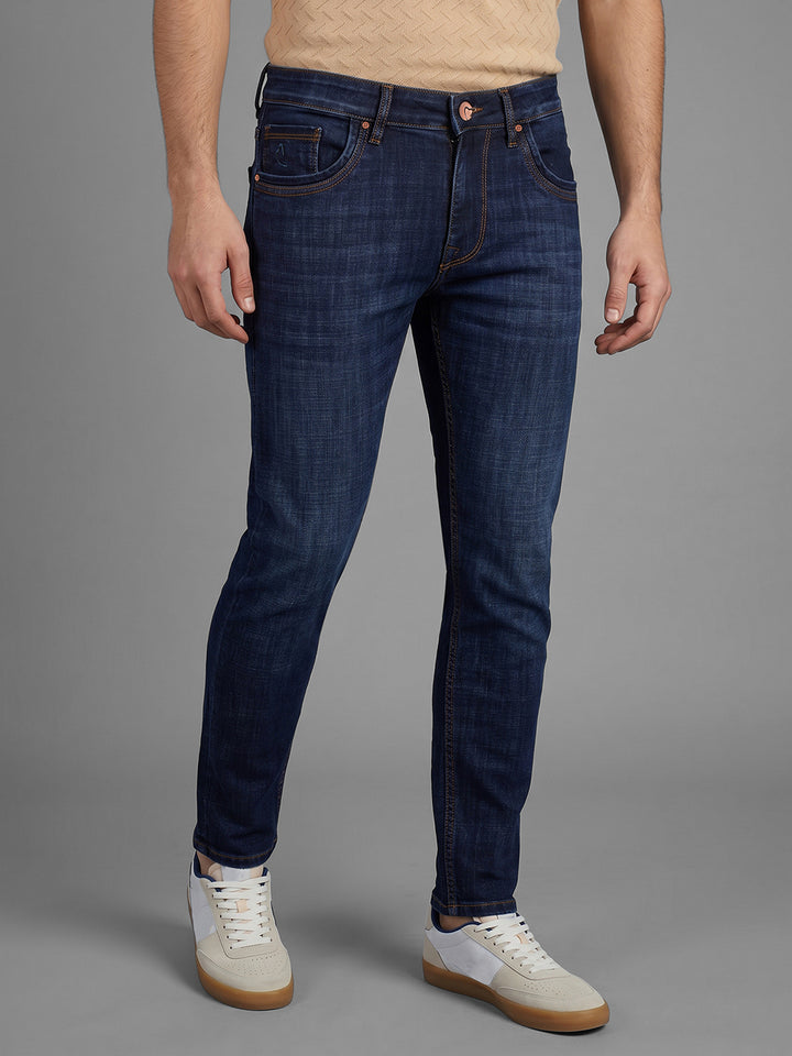 Dark Blue Cropped Fit Cotton Blend Mid Rise Men's Denims by Being Human Clothing