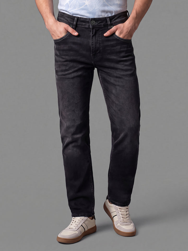 Black Straight Fit Cotton Blend Mid Rise Men's Denims by Being Human Clothing