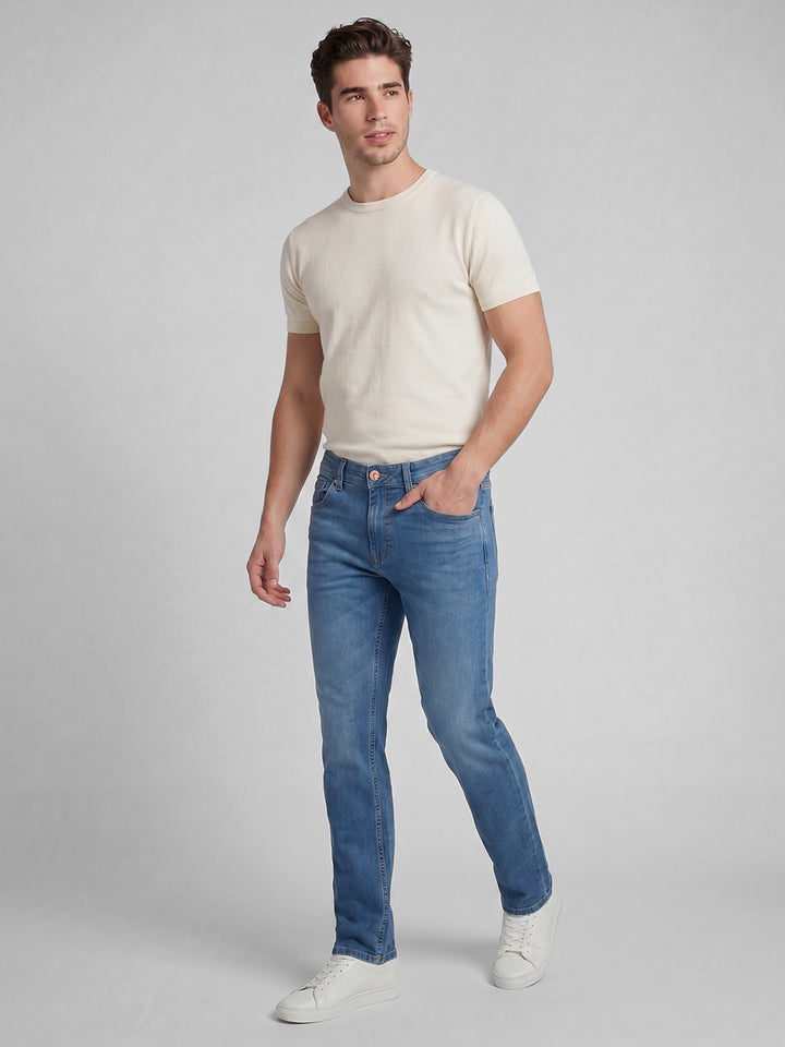 Blue Relaxed Straight Fit Cotton Blend Mid Rise Men's Jeans by Being Human Clothing