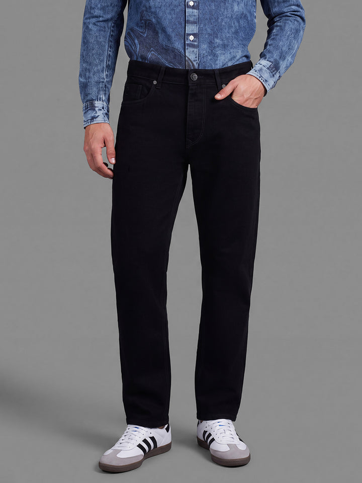 Black Straight Fit Pure Cotton Mid Rise Men's Denims by Being Human Clothing
