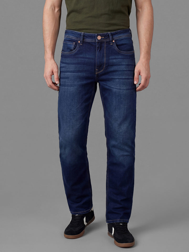 Dark Blue Relaxed Straight Fit Cotton Blend Mid Rise Men's Denims by Being Human Clothing