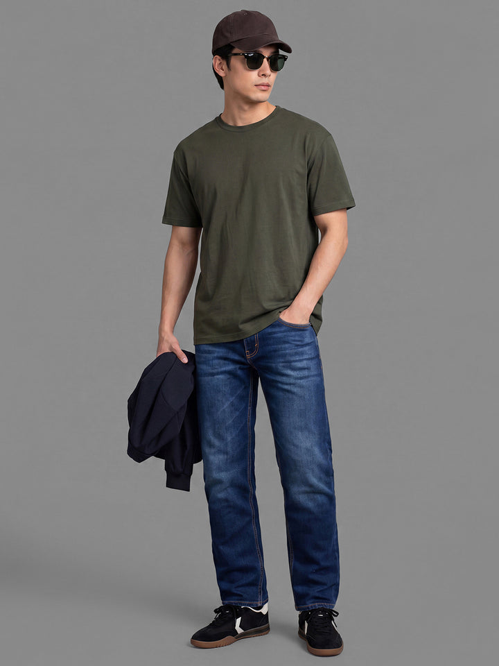 Dark Blue Relaxed Straight Fit Cotton Blend Mid Rise Men's Denims by Being Human Clothing