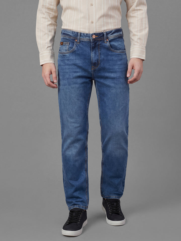 Dark Blue Slim Fit  Cotton Blend Mid Rise Men's Denims by Being Human Clothing