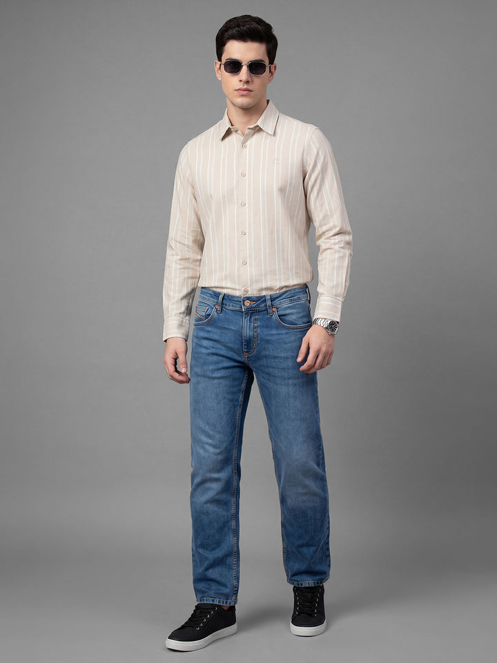 Light Blue Relaxed Straight Fit Cotton Blend Mid Rise Men's Denims by Being Human Clothing