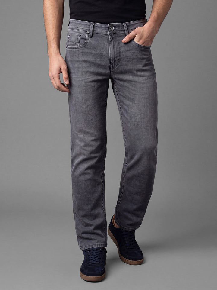 Dark Grey Straight Fit Cotton Blend Mid Rise Men's Denims by Being Human Clothing