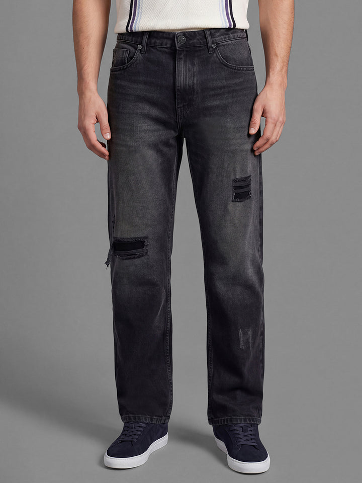 Black Relaxed Straight Fit Pure Cotton Mid Rise Men's Denims by Being Human Clothing