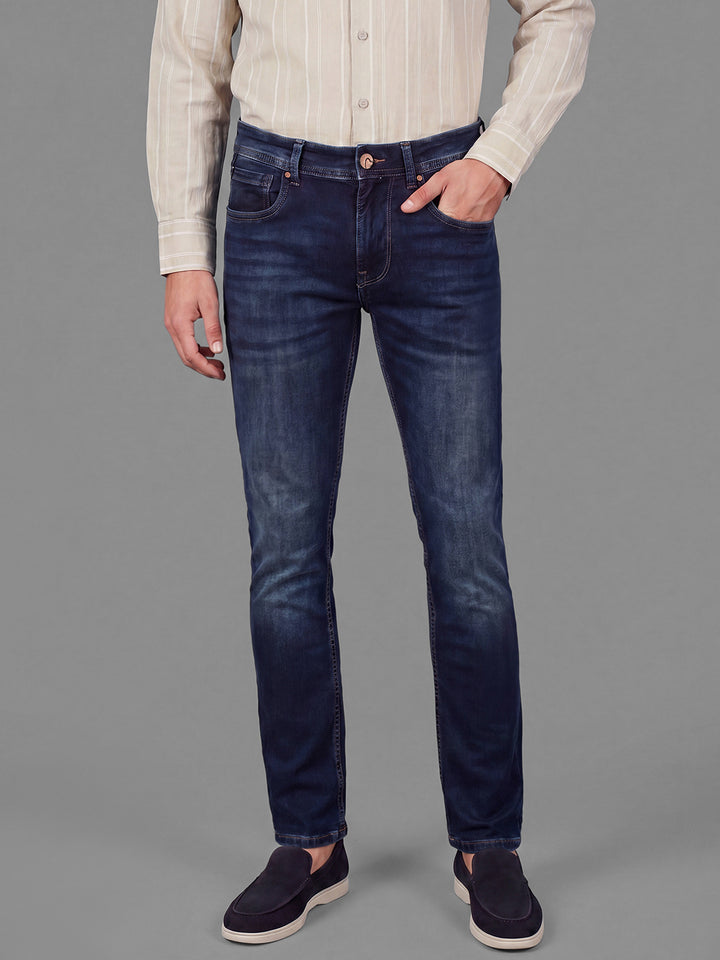 Dark Blue Slim Fit  Cotton Blend Mid Rise Men's Denims by Being Human Clothing