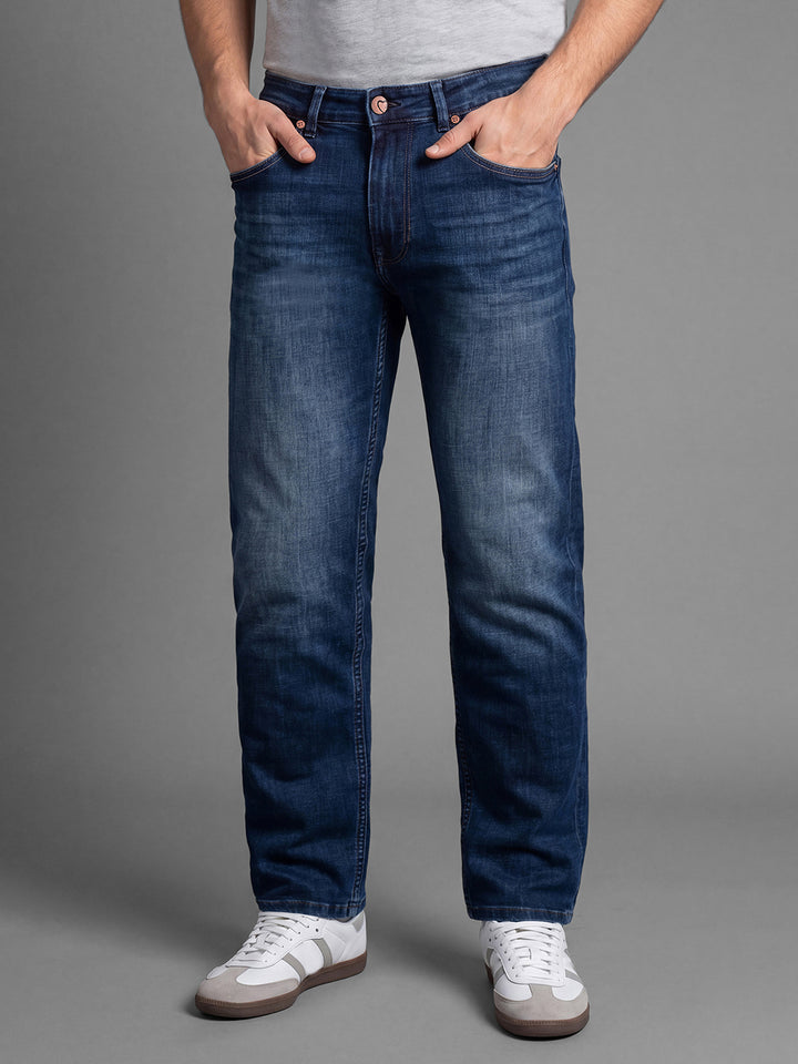 Dark Blue Straight Fit Cotton Blend Mid Rise Men's Denims by Being Human Clothing
