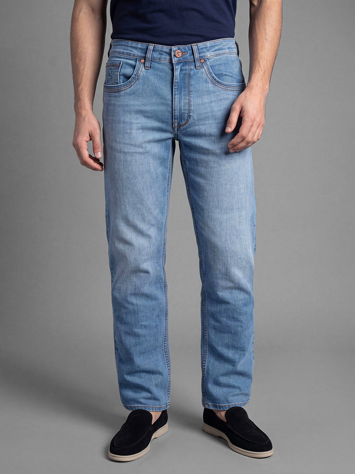 Light Blue Relaxed Straight Fit Cotton Blend Mid Rise Men's Denims by Being Human Clothing