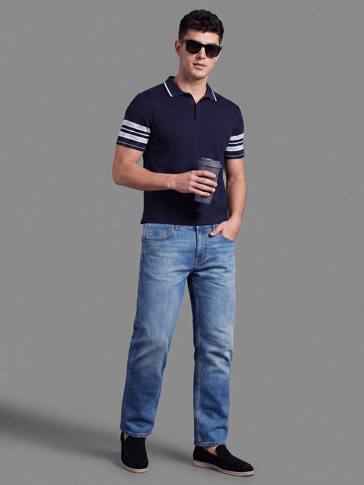 Light Blue Relaxed Straight Fit Cotton Blend Mid Rise Men's Denims by Being Human Clothing