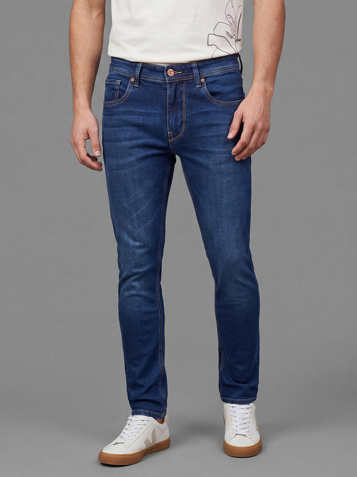 Dark Blue Cropped Fit Cotton Blend Mid Rise Men's Denims by Being Human Clothing