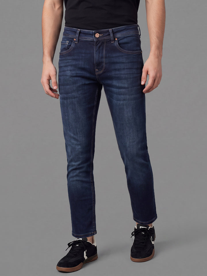 Dark Blue Cropped Fit Cotton Blend Mid Rise Men's Denims by Being Human Clothing