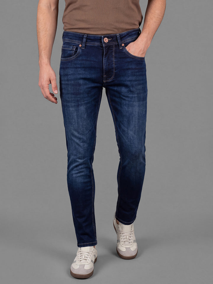 Dark Blue Cropped Fit Cotton Blend Mid Rise Men's Denims by Being Human Clothing