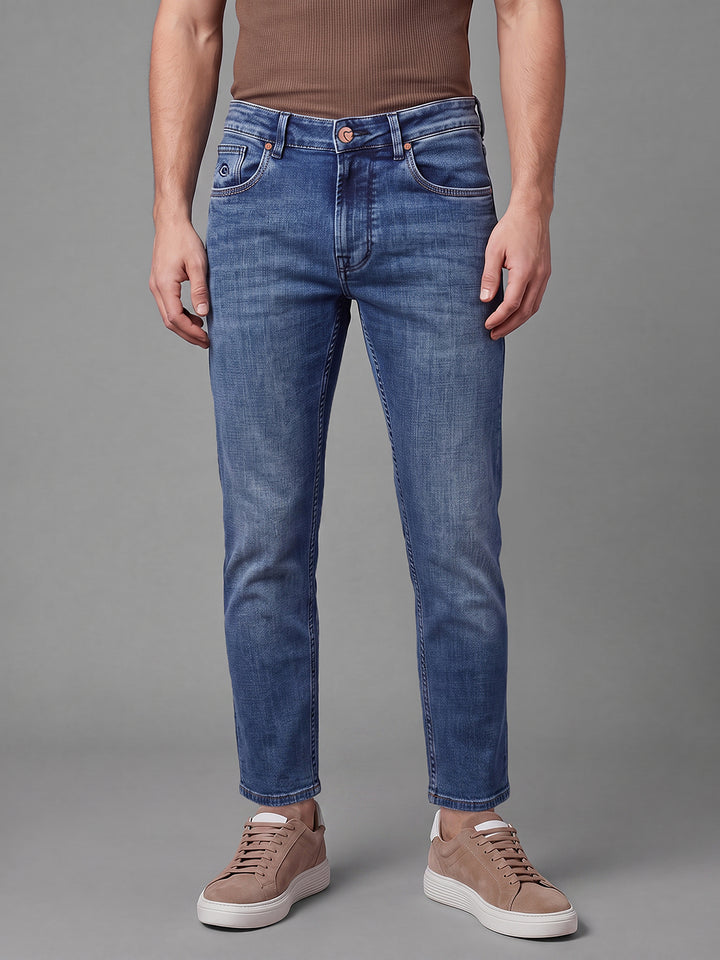 Mid Blue Cropped Fit Cotton Blend Mid Rise Men's Denims by Being Human Clothing