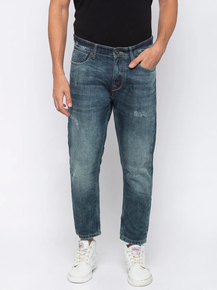 Blue Tapered Cropped Fit Men's Denims
