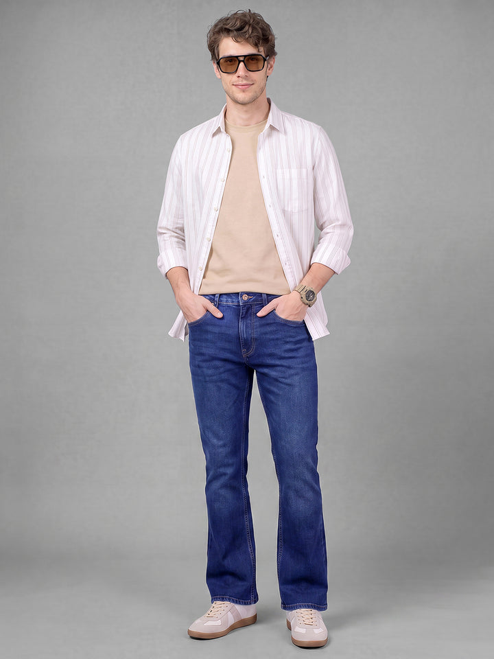 Dark Blue Bootcut Fit Cotton Blend Mid Rise Men's Denims by Being Human Clothing