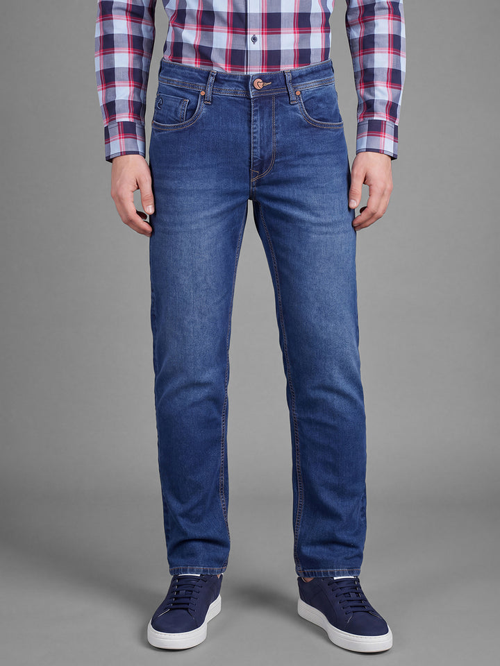 Dark Blue Straight Fit Cotton Blend Mid Rise Men's Denims by Being Human Clothing