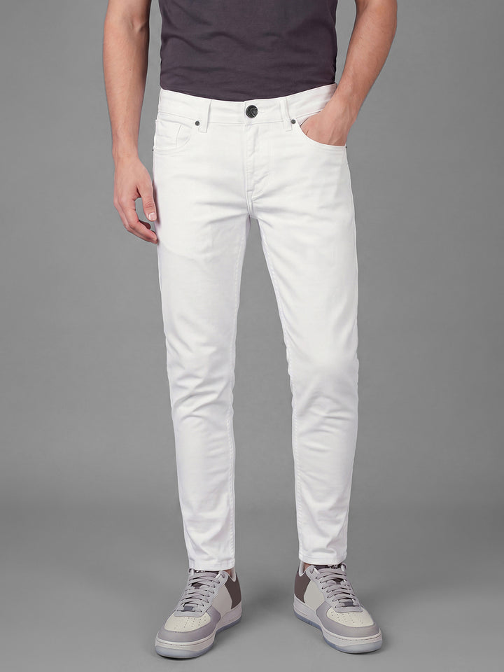 White Cropped Fit Cotton Blend Mid Rise Men's Denims by Being Human Clothing