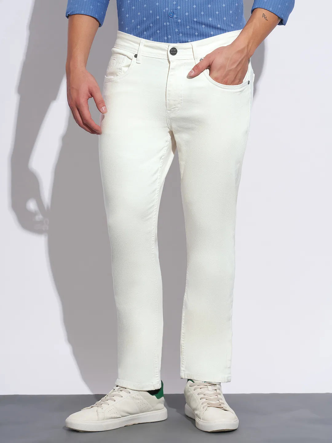 White Slim Fit Cotton Blend Men's Denims by Being Human Clothing