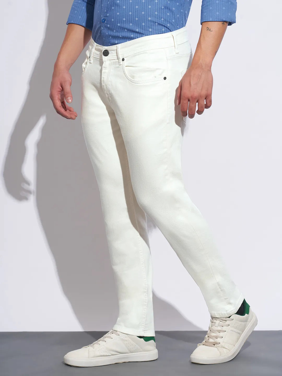 White Slim Fit Cotton Blend Men's Denims by Being Human Clothing