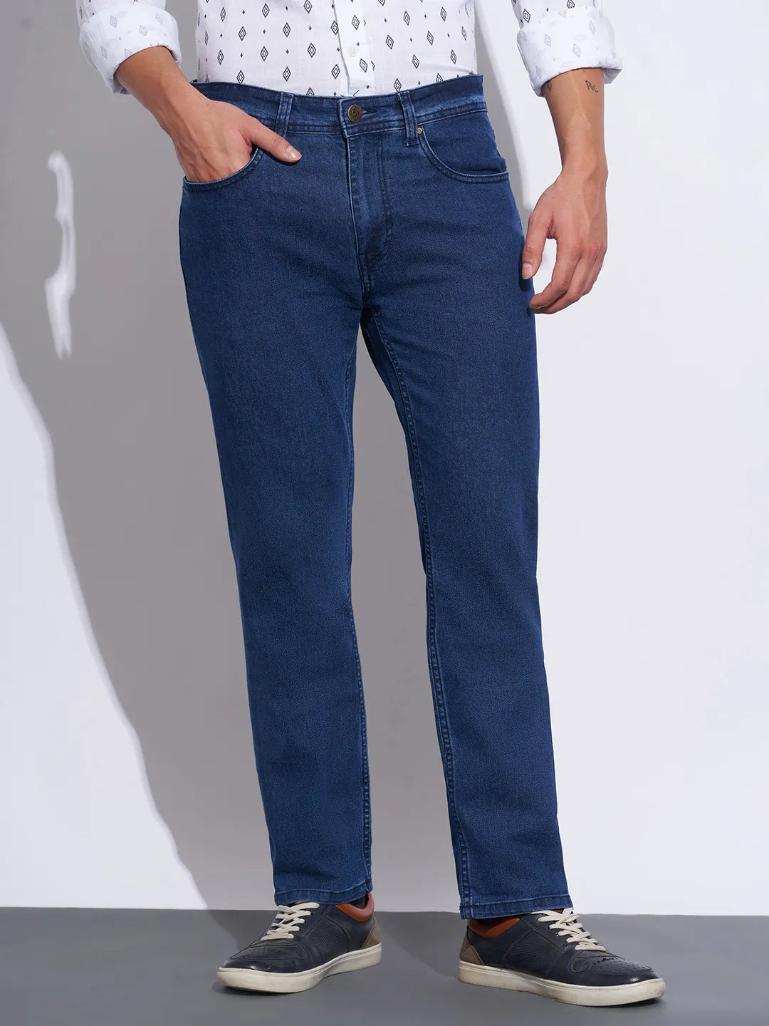 Blue Straight Fit Cotton Blend Men's Denims by Being Human Clothing