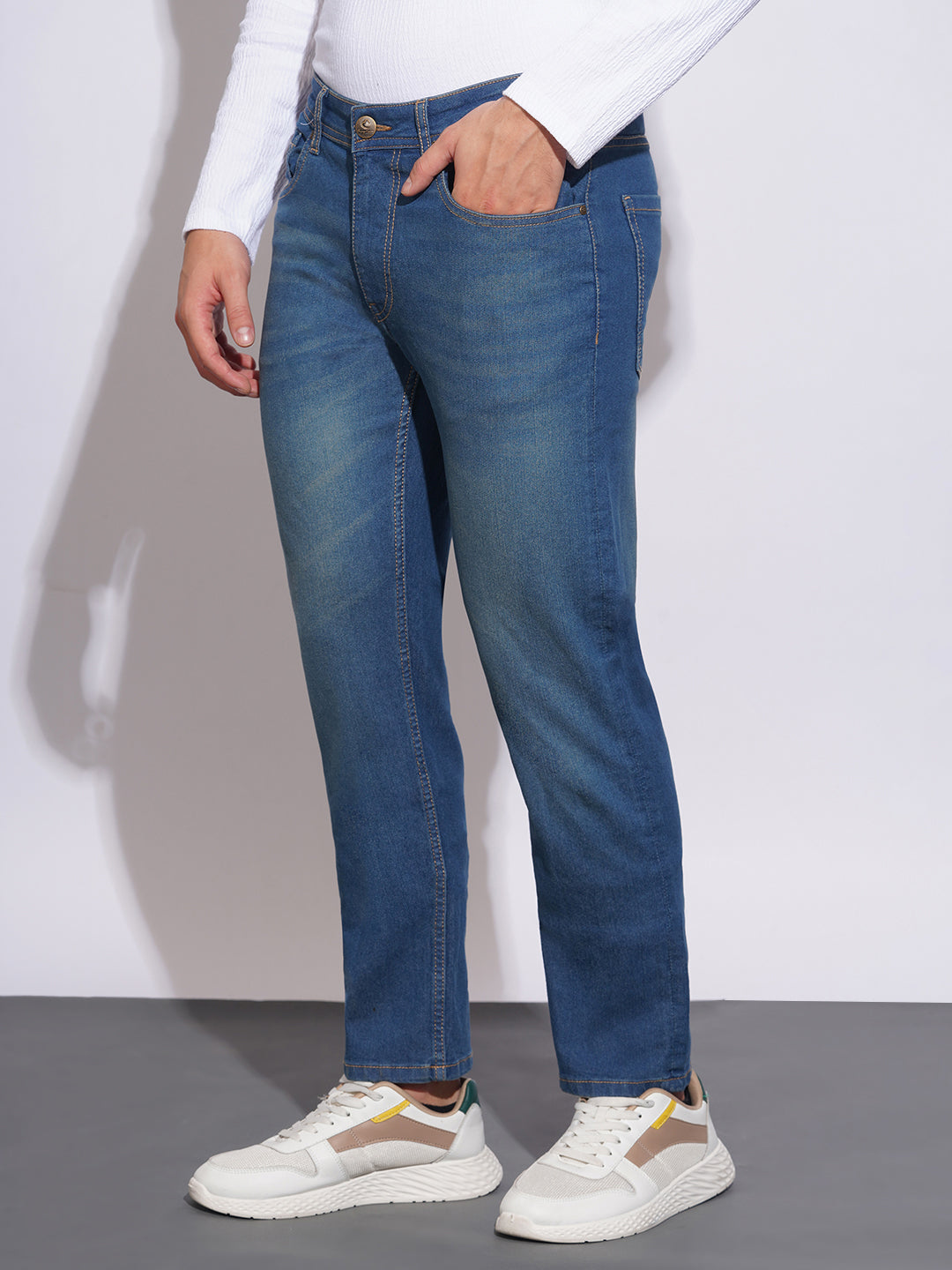 Mid Tone Straight Fit Jeans for Men by Being Human Clothing